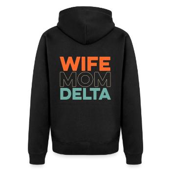 Schwesternschaft Soroitas Delta Mama - Unisex Premium Bio Zip Hoodie - Schwarz - Hinten - Nico (187cm)