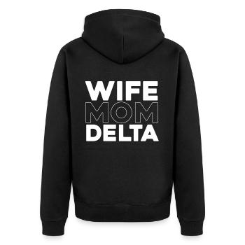 Schwesternschaft Soroitas Delta Mama - Unisex Premium Bio Zip Hoodie - Schwarz - Hinten - Nico (187cm)