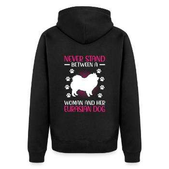 Frau und ihr Eurasier Eurasian Spitz - Unisex Premium Bio Zip Hoodie - Schwarz - Hinten - Nico (187cm)