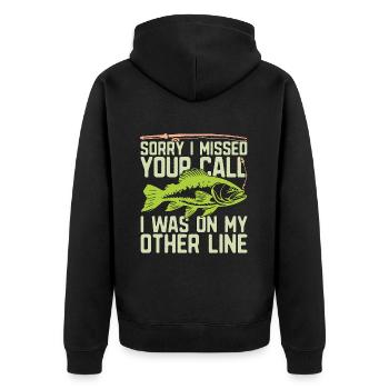 Musky Fishing Sorry I Missed Your Call Fisherman - Unisex Premium Bio Zip Hoodie - Schwarz - Hinten - Nico (187cm)