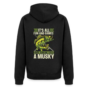 Musky Fishing It's All Fun And Games Fishing Rod - Unisex Premium Organic Zip Hoodie - black - Back - Nico (187cm)