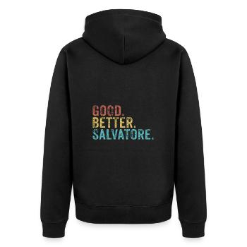 Cool guys are called Salvatore - Unisex Premium Bio Zip Hoodie - Schwarz - Hinten - Nico (187cm)
