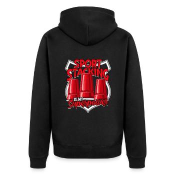 Sport Stacking Is My Superpower - Unisex Premium Bio Zip Hoodie - Schwarz - Hinten - Nico (187cm)