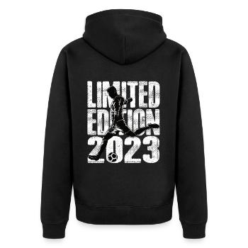 Limited Edition 2023 Limited Edition Fußball - Unisex Premium Bio Zip Hoodie - Schwarz - Hinten - Nico (187cm)