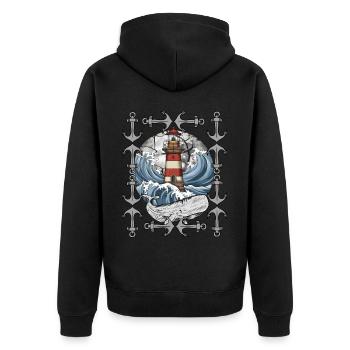 phare, signal, maritime, baleine, vagues, mer, poisson - Veste à capuche bio Premium Unisexe - noir - Dos - Nico (187cm)