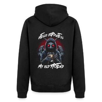 Hello Darkness My Old Friend - Unisex Premium Bio Zip Hoodie - Schwarz - Hinten - Nico (187cm)