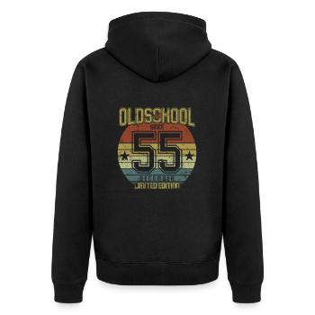 December 1955 - Geburtstag im Dezember Oldschool - Unisex Premium Bio Zip Hoodie - Schwarz - Hinten - Nico (187cm)