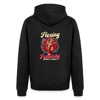 Weibliche Bodybuilderin, die Weiblichkeit Muskelmacht anspannt - Unisex Premium Bio Zip Hoodie - Schwarz - Hinten - Nico (187cm)