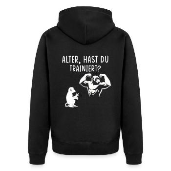 Gym Tshirt Lustig Fitness Workout Fitnessstudio - Unisex Premium Bio Zip Hoodie - Schwarz - Hinten - Nico (187cm)