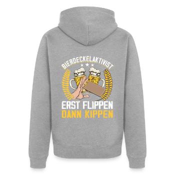 Bierdeckelaktivist Flippen dann Kippen - Unisex Premium Bio Zip Hoodie - Grau meliert - Hinten - Nico (187cm)