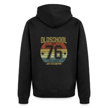 October 1976 - Geburtstag im Oktober Oldschool - Unisex Premium Bio Zip Hoodie - Schwarz - Hinten - Nico (187cm)
