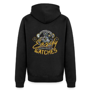 Uhrmacher Uhrmacherei Easily distraced by watches - Unisex Premium Bio Zip Hoodie - Schwarz - Hinten - Nico (187cm)