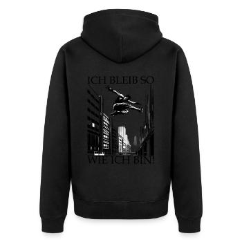 ich bleibe so wie ich bin Parkour Freerunning - Unisex Premium Bio Zip Hoodie - Schwarz - Hinten - Nico (187cm)