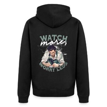 Uhrmacher Uhrmacherei Watch more, worry less - Unisex Premium Bio Zip Hoodie - Schwarz - Hinten - Nico (187cm)
