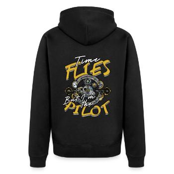 Uhrmacher Time flies but I'm the pilot - Unisex Premium Bio Zip Hoodie - Schwarz - Hinten - Nico (187cm)