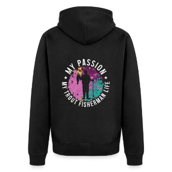 Pêcheur de truite Ma passion Ma truite Pêche à la mouche - Veste à capuche bio Premium Unisexe - noir - Dos - Nico (187cm)