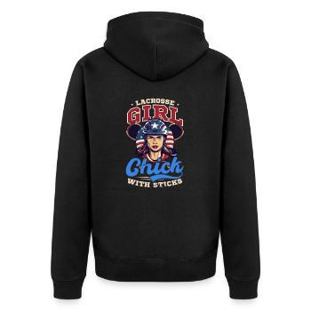 4. Juli Lacrosse Lacrosse Mädchen Küken Mit Stic - Unisex Premium Bio Zip Hoodie - Schwarz - Hinten - Nico (187cm)