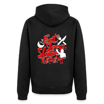 Poetry Slam Dichter Eat, sleep, slam, repeat - Unisex Premium Bio Zip Hoodie - Schwarz - Hinten - Nico (187cm)