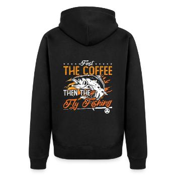 Pêche à la mouche d’abord Le café puis La chasse au poisson - Veste à capuche bio Premium Unisexe - noir - Dos - Nico (187cm)
