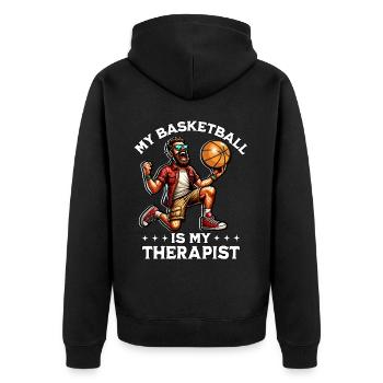 Lustiger Basketball Spruch - Unisex Premium Bio Zip Hoodie - Schwarz - Hinten - Nico (187cm)