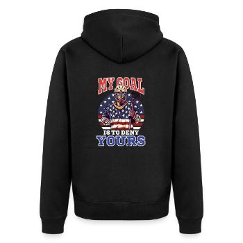 4. Juli Lacrosse Mein Tor Verweigere dein - Unisex Premium Bio Zip Hoodie - Schwarz - Hinten - Nico (187cm)
