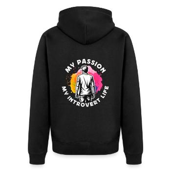 Introvert My Passion My Introvert Indoor Lifestyle - Unisex Premium Bio Zip Hoodie - Schwarz - Hinten - Nico (187cm)