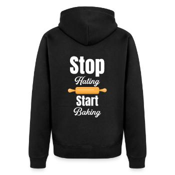 Stop hating and start - Unisex Premium Organic Zip Hoodie - black - Back - Nico (187cm)