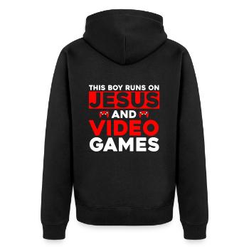 Ce garçon court sur Jésus et les jeux vidéo - Veste à capuche bio Premium Unisexe - noir - Dos - Nico (187cm)