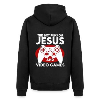 Ce garçon court sur Jésus et les jeux vidéo - Veste à capuche bio Premium Unisexe - noir - Dos - Nico (187cm)
