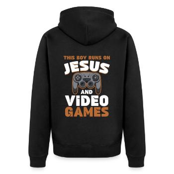 Ce garçon court sur Jésus et les jeux vidéo - Veste à capuche bio Premium Unisexe - noir - Dos - Nico (187cm)
