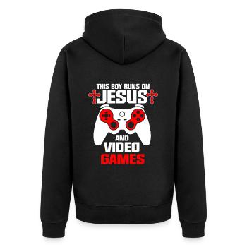 Ce garçon court sur Jésus et les jeux vidéo - Veste à capuche bio Premium Unisexe - noir - Dos - Nico (187cm)