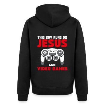 Ce garçon court sur Jésus et les jeux vidéo - Veste à capuche bio Premium Unisexe - noir - Dos - Nico (187cm)