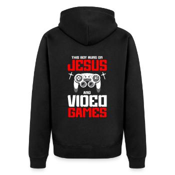 Ce garçon court sur Jésus et les jeux vidéo - Veste à capuche bio Premium Unisexe - noir - Dos - Nico (187cm)