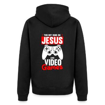 Ce garçon court sur Jésus et les jeux vidéo - Veste à capuche bio Premium Unisexe - noir - Dos - Nico (187cm)