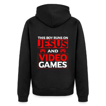 Ce garçon court sur Jésus et les jeux vidéo - Veste à capuche bio Premium Unisexe - noir - Dos - Nico (187cm)