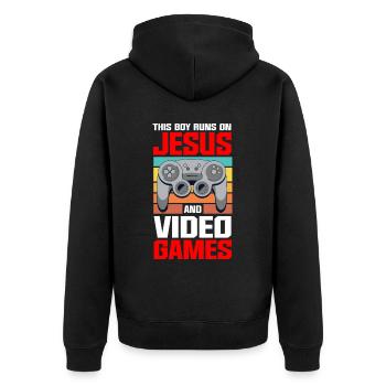 Ce garçon court sur Jésus et les jeux vidéo - Veste à capuche bio Premium Unisexe - noir - Dos - Nico (187cm)