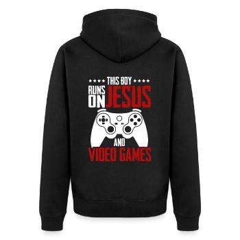Ce garçon court sur Jésus et les jeux vidéo - Veste à capuche bio Premium Unisexe - noir - Dos - Nico (187cm)