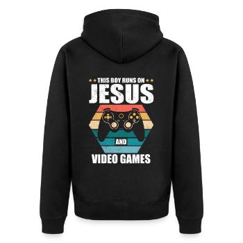 Ce garçon court sur Jésus et les jeux vidéo - Veste à capuche bio Premium Unisexe - noir - Dos - Nico (187cm)