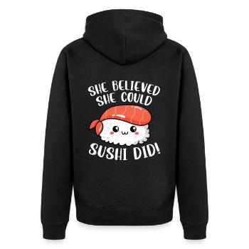 Sushi Essen Japan Nigiri Geschenk - Unisex Premium Bio Zip Hoodie - Schwarz - Hinten - Nico (187cm)