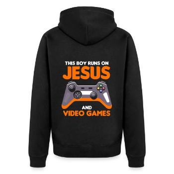 Ce garçon court sur Jésus et les jeux vidéo - Veste à capuche bio Premium Unisexe - noir - Dos - Nico (187cm)