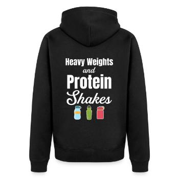 Schwere Gewichte Und Proteinshakes Trainieren - Unisex Premium Bio Zip Hoodie - Schwarz - Hinten - Nico (187cm)