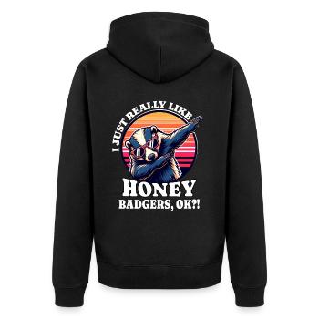 Ich Liebe Honigdachs Spruch - Unisex Premium Bio Zip Hoodie - Schwarz - Hinten - Nico (187cm)