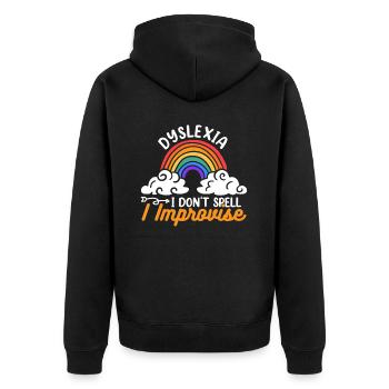 Ich buchstabiere nicht Ich improvisiere Apraxie Legasthenie - Unisex Premium Bio Zip Hoodie - Schwarz - Hinten - Nico (187cm)