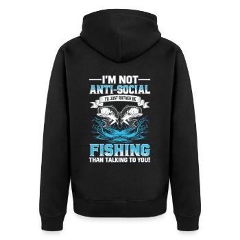 Ich bin nicht asozial, ich würde nur lieber angeln - Unisex Premium Bio Zip Hoodie - Schwarz - Hinten - Nico (187cm)
