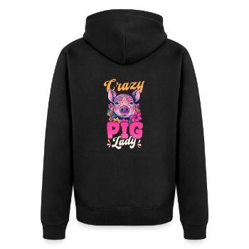Schweinezüchter Crazy Pig Lady - Unisex Premium Bio Zip Hoodie - Schwarz - Hinten - Nico (187cm)