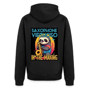 Lustiges Saxophon Faultier Jazz Musik Design - Unisex Premium Bio Zip Hoodie - Schwarz - Hinten - Nico (187cm)