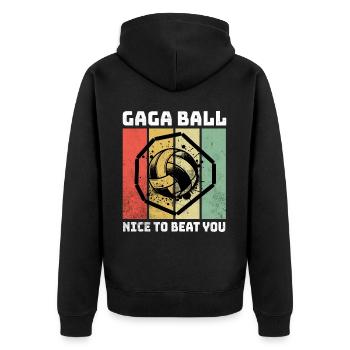 Gaga Ball Sprüche - Unisex Premium Bio Zip Hoodie - Schwarz - Hinten - Nico (187cm)