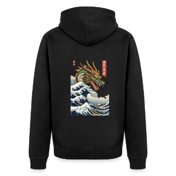 Vintage Ukiyo-E Welle Japan Drachen Aesthetic - Unisex Premium Bio Zip Hoodie - Schwarz - Hinten - Nico (187cm)
