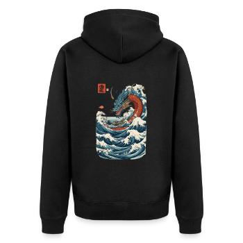 Vintage Ukiyo-E Stil Japanischer Drache Kunst - Unisex Premium Bio Zip Hoodie - Schwarz - Hinten - Nico (187cm)