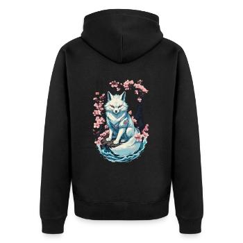 Weißer Kitsune Fuchs Japanische Kirschblüten - Unisex Premium Bio Zip Hoodie - Schwarz - Hinten - Nico (187cm)